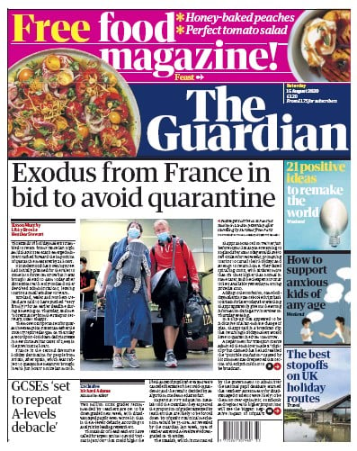 The Guardian Newspaper Front Page (UK) for 15 August 2020