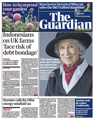 The Guardian Newspaper Front Page (UK) for 15 August 2022