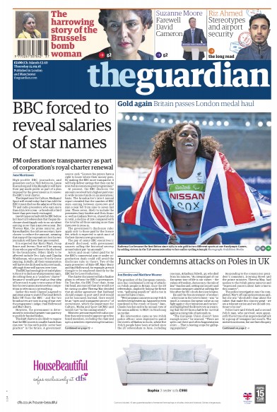 The Guardian Newspaper Front Page (UK) for 15 September 2016