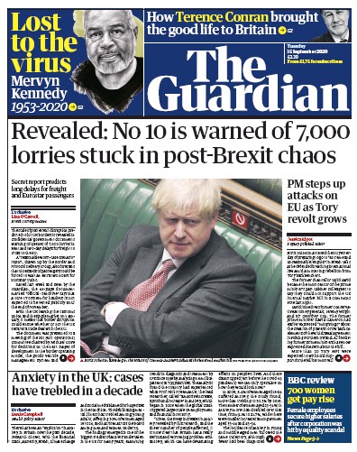 The Guardian Newspaper Front Page (UK) for 15 September 2020