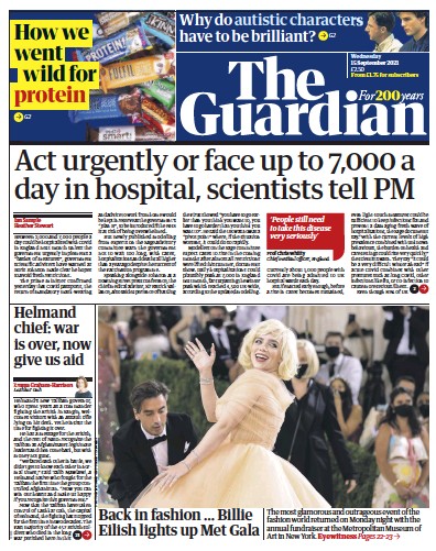 The Guardian Newspaper Front Page (UK) for 15 September 2021