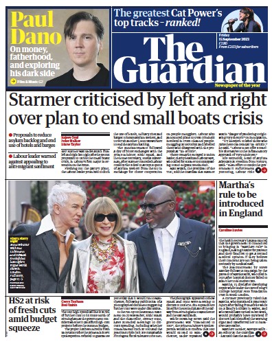 The Guardian Newspaper Front Page (UK) for 15 September 2023