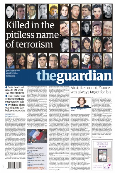 The Guardian Newspaper Front Page (UK) for 16 November 2015