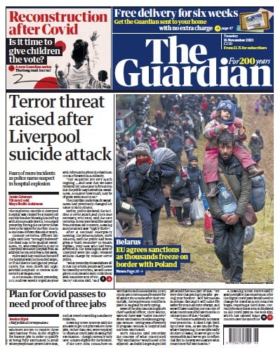 The Guardian Newspaper Front Page (UK) for 16 November 2021