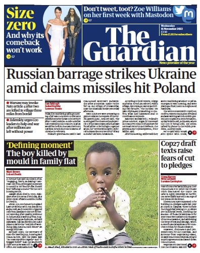 The Guardian Newspaper Front Page (UK) for 16 November 2022