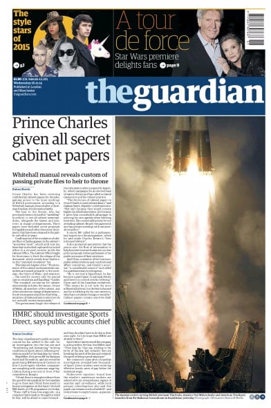 The Guardian Newspaper Front Page (UK) for 16 December 2015