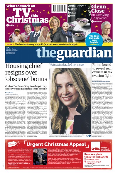 The Guardian Newspaper Front Page (UK) for 16 December 2017