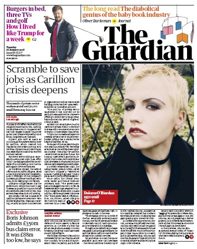The Guardian Newspaper Front Page (UK) for 16 January 2018