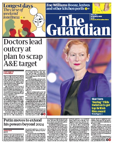 The Guardian Newspaper Front Page (UK) for 16 January 2020