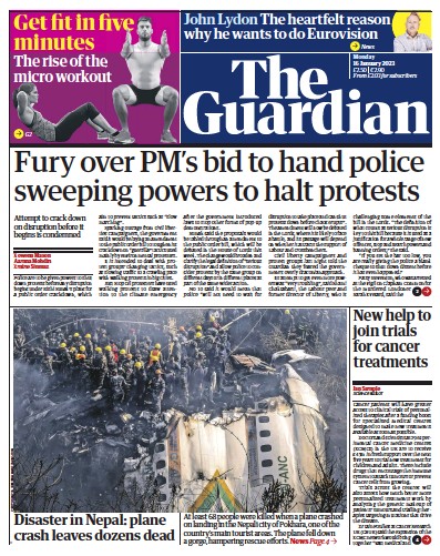The Guardian Newspaper Front Page (UK) for 16 January 2023