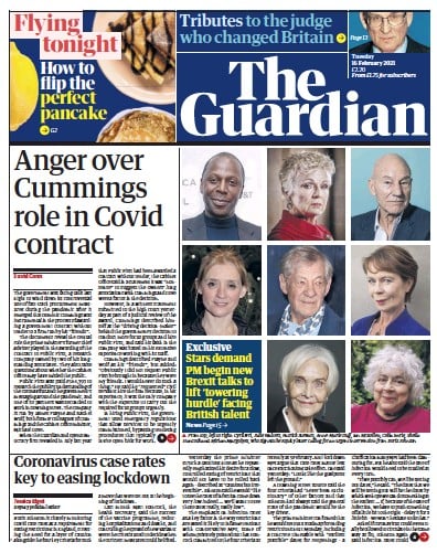 The Guardian Newspaper Front Page (UK) for 16 February 2021