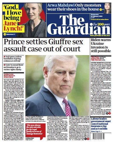 The Guardian Newspaper Front Page (UK) for 16 February 2022