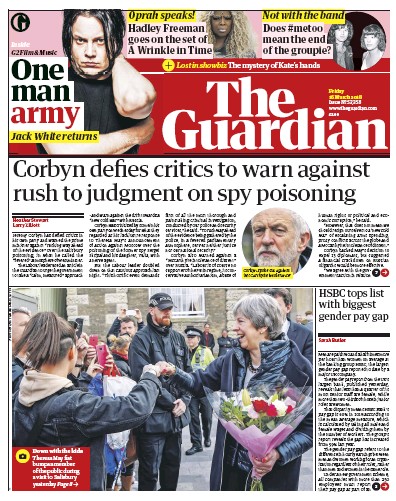 The Guardian Newspaper Front Page (UK) for 16 March 2018