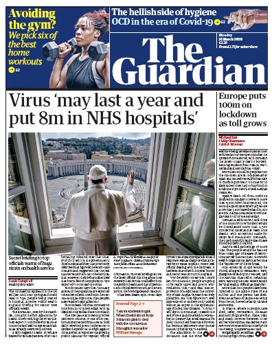 The Guardian Newspaper Front Page (UK) for 16 March 2020
