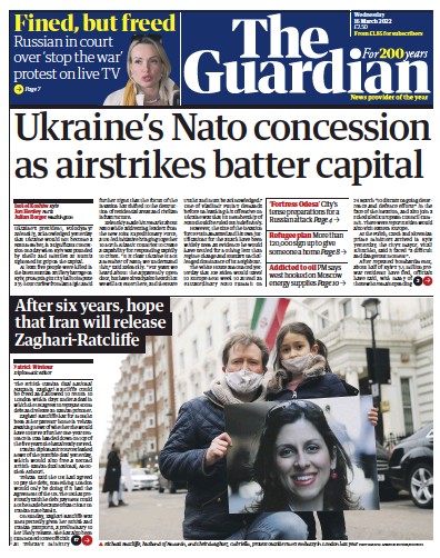 The Guardian Newspaper Front Page (UK) for 16 March 2022