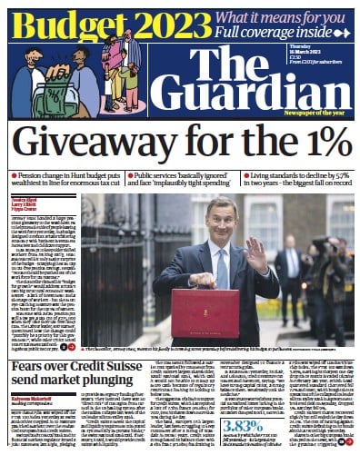 The Guardian Newspaper Front Page (UK) for 16 March 2023