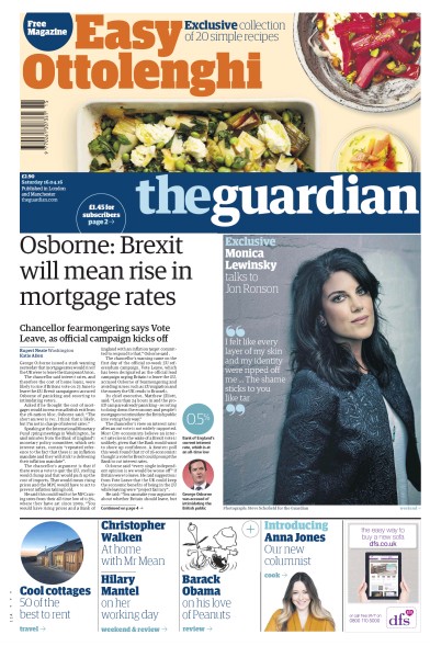 The Guardian Newspaper Front Page (UK) for 16 April 2016