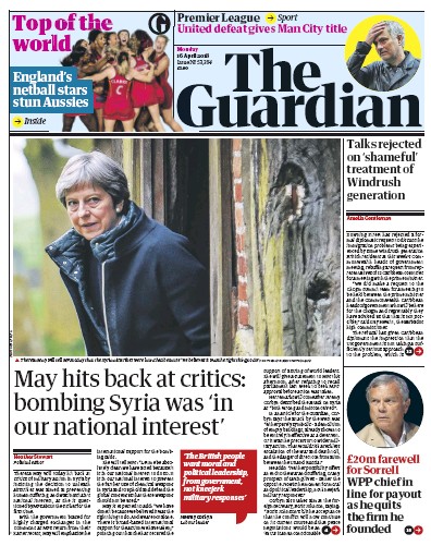 The Guardian Newspaper Front Page (UK) for 16 April 2018