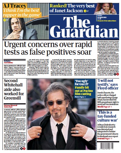 The Guardian Newspaper Front Page (UK) for 16 April 2021
