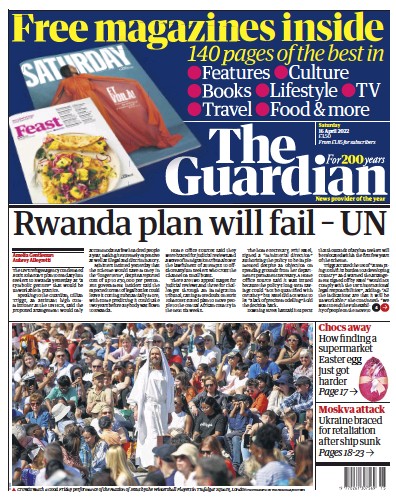 The Guardian Newspaper Front Page (UK) for 16 April 2022