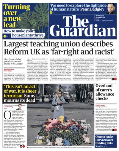 The Guardian Newspaper Front Page (UK) for 16 April 2025