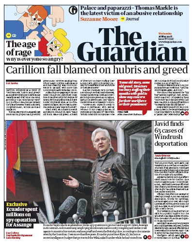 The Guardian Newspaper Front Page (UK) for 16 May 2018