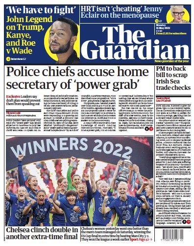 The Guardian Newspaper Front Page (UK) for 16 May 2022