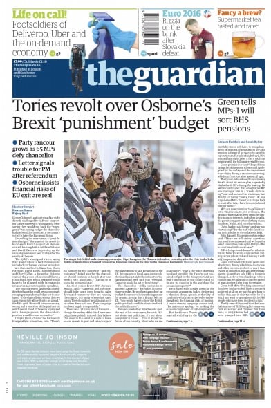 The Guardian Newspaper Front Page (UK) for 16 June 2016