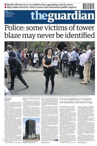 The Guardian Newspaper Front Page (UK) for 16 June 2017