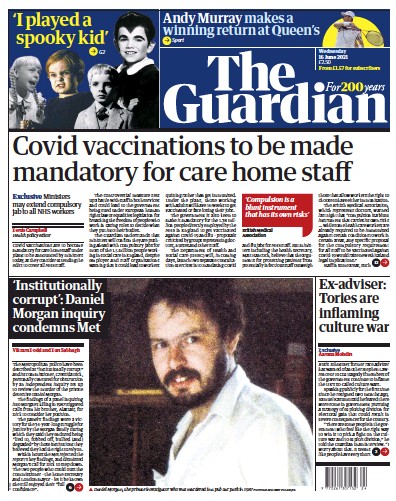 The Guardian Newspaper Front Page (UK) for 16 June 2021