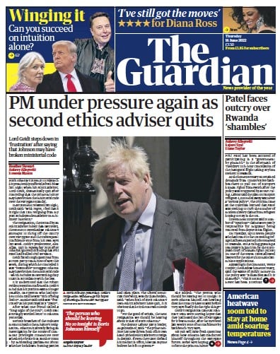 The Guardian Newspaper Front Page (UK) for 16 June 2022