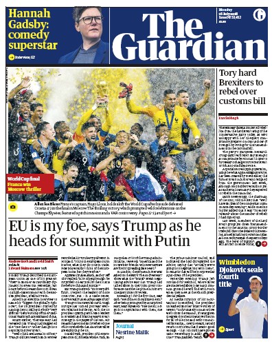 The Guardian Newspaper Front Page (UK) for 16 July 2018