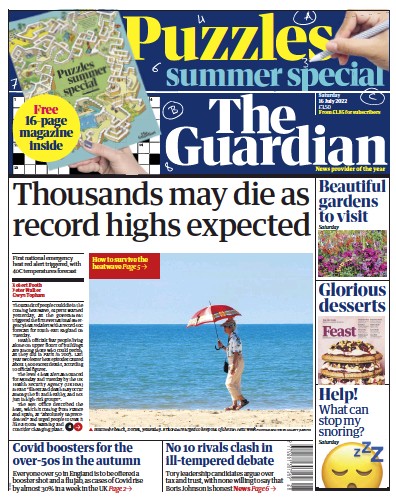 The Guardian Newspaper Front Page (UK) for 16 July 2022