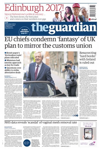 The Guardian Newspaper Front Page (UK) for 16 August 2017