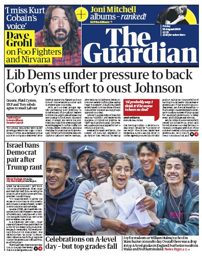 The Guardian Newspaper Front Page (UK) for 16 August 2019