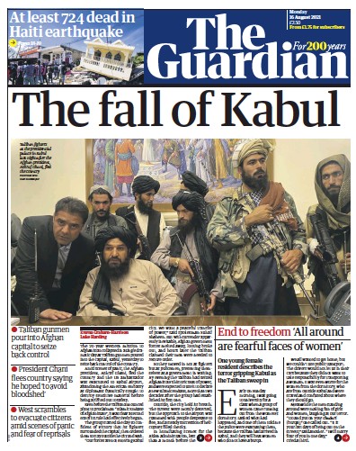 The Guardian Newspaper Front Page (UK) for 16 August 2021