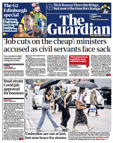 The Guardian Newspaper Front Page (UK) for 16 August 2022