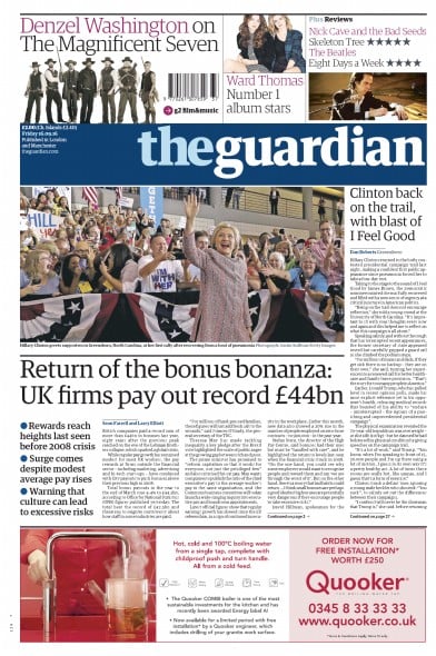 The Guardian Newspaper Front Page (UK) for 16 September 2016