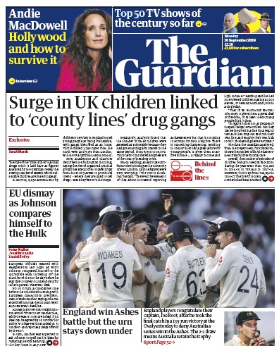 The Guardian Newspaper Front Page (UK) for 16 September 2019