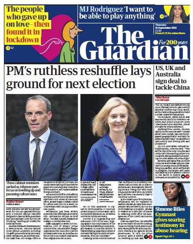 The Guardian Newspaper Front Page (UK) for 16 September 2021