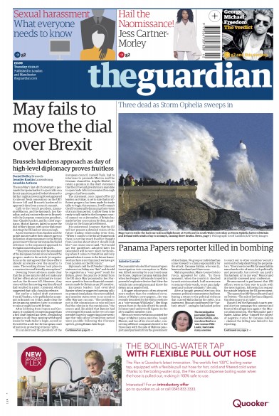 The Guardian Newspaper Front Page (UK) for 17 October 2017
