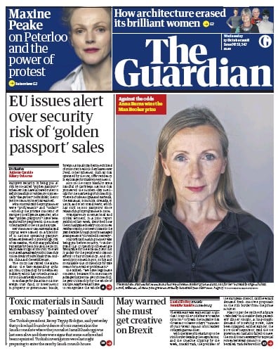 The Guardian Newspaper Front Page (UK) for 17 October 2018