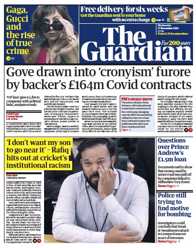 The Guardian Newspaper Front Page (UK) for 17 November 2021