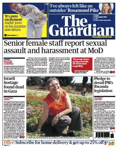 The Guardian Newspaper Front Page (UK) for 17 November 2023