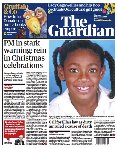 The Guardian Newspaper Front Page (UK) for 17 December 2020