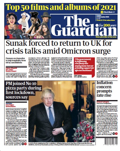 The Guardian Newspaper Front Page (UK) for 17 December 2021