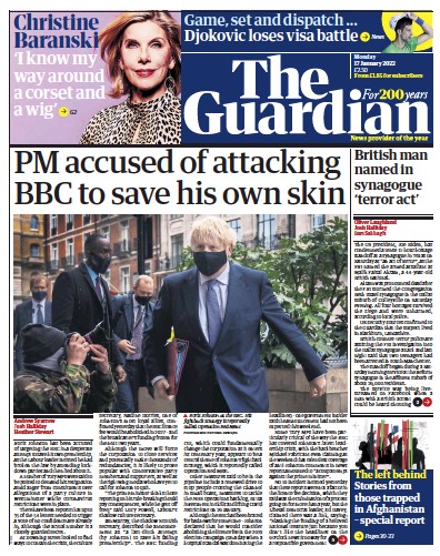 The Guardian Newspaper Front Page (UK) for 17 January 2022