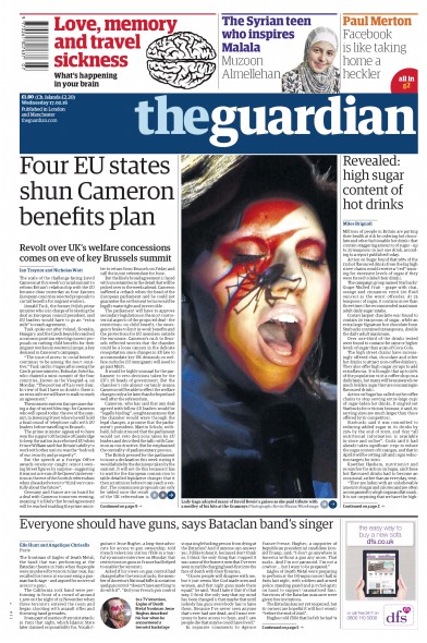 The Guardian Newspaper Front Page (UK) for 17 February 2016