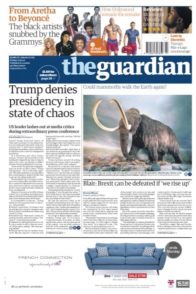 The Guardian Newspaper Front Page (UK) for 17 February 2017