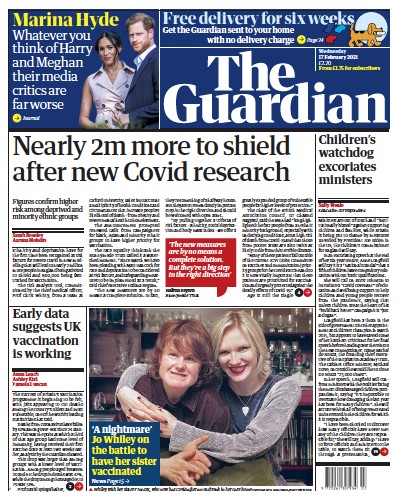 The Guardian Newspaper Front Page (UK) for 17 February 2021